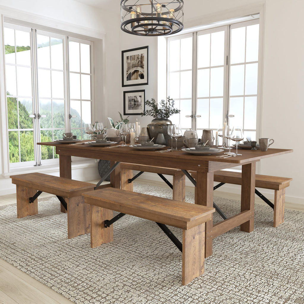 Antique Rustic Folding Farm Table and Bench Set S5369