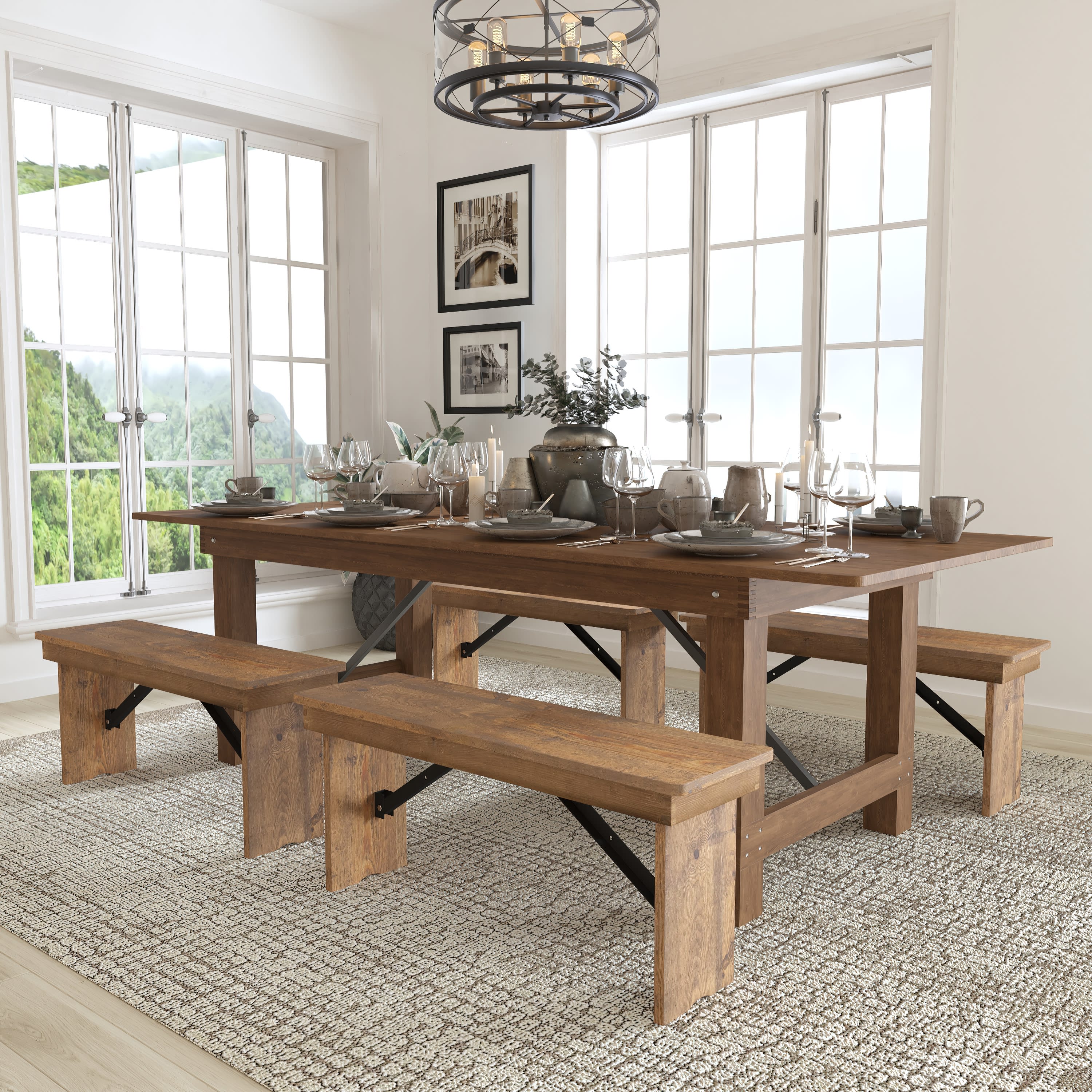 Antique Rustic Folding Farm Table and Bench Set S5369