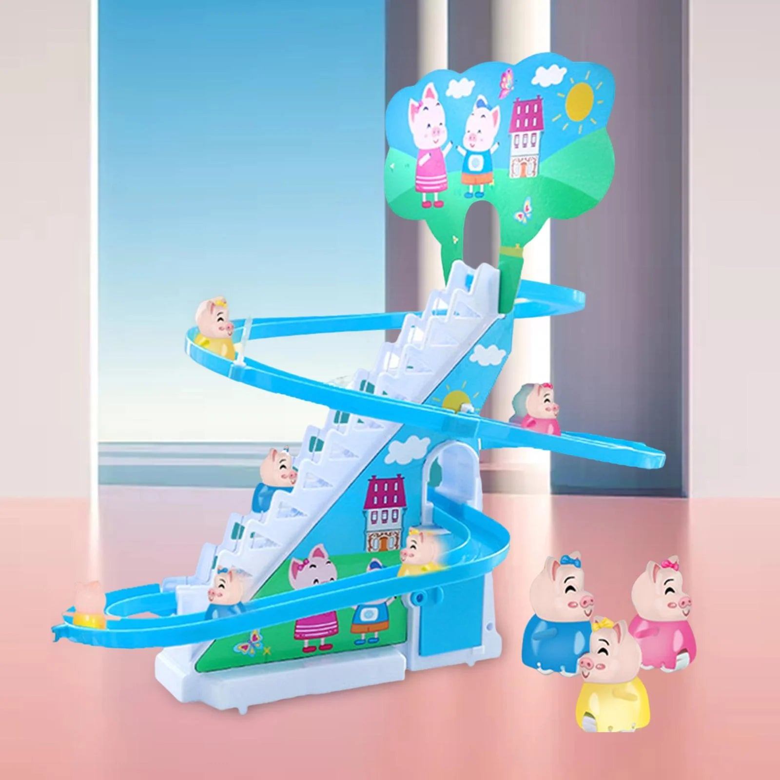 Electric Climbing Stair Toy with LED Flashing Lights Children's Roller Coaster Toy Set, 15x30x27cm X496