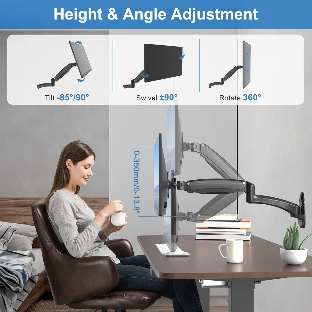 Single Wall Monitor Mount, Full Range Motion Wall Mounted Monitor Arm, Fully Adjustable PC Computer Wall Mount with Extendable Arm Fits up to 27" 13.2lbs Screens Max VESA Size 100x100mm Pack of 2 Y5075