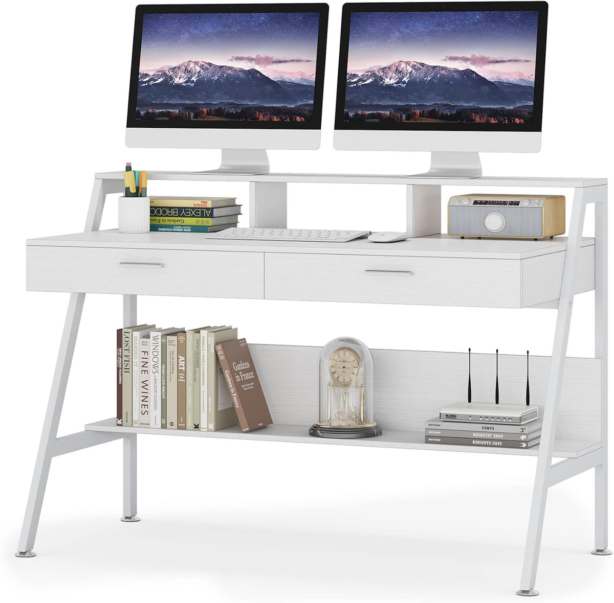 White 47 inch Computer Desk with Storage Shelf and Drawers I5704